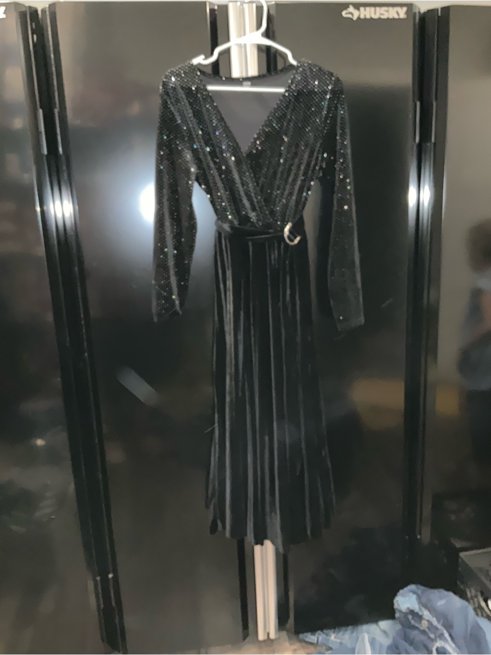 SHEIN Black Velvet Sequin Wrap Midi Dress